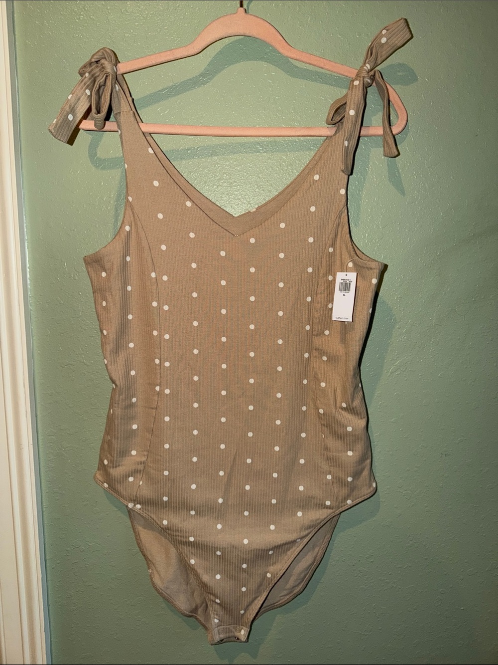 Old Navy Taupe Polka Dot Ribbed Tie-Shoulder One-Piece